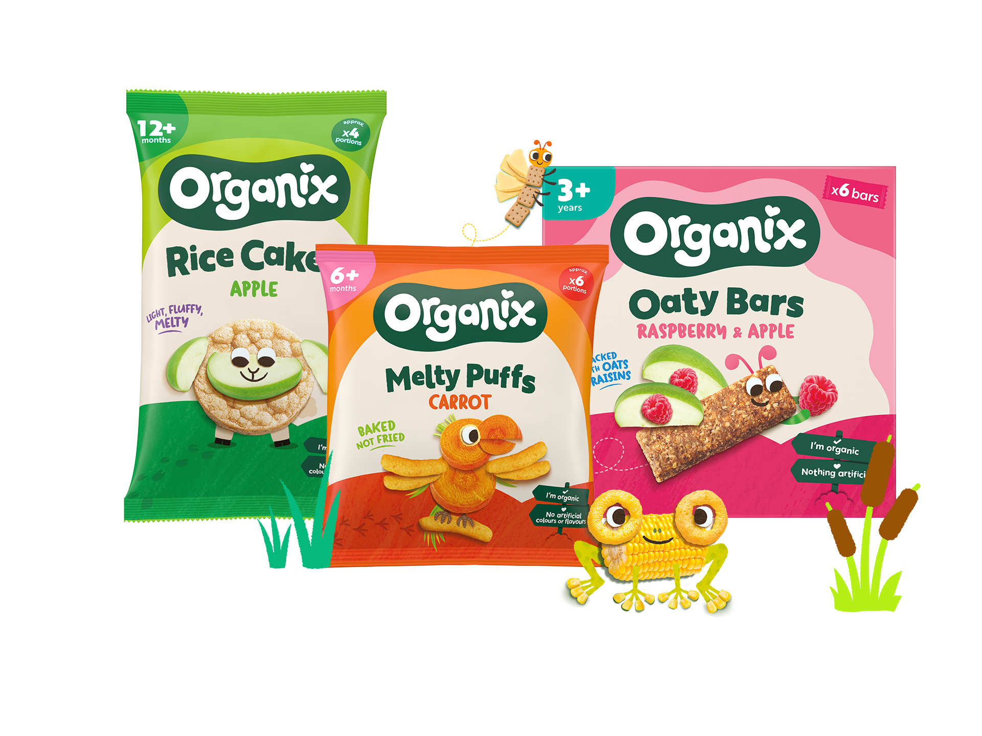 3 Organix Toddler snack packs. From left to right, Apple rice cakes, Melty carrot puffs, and raspberry and apple oaty bars