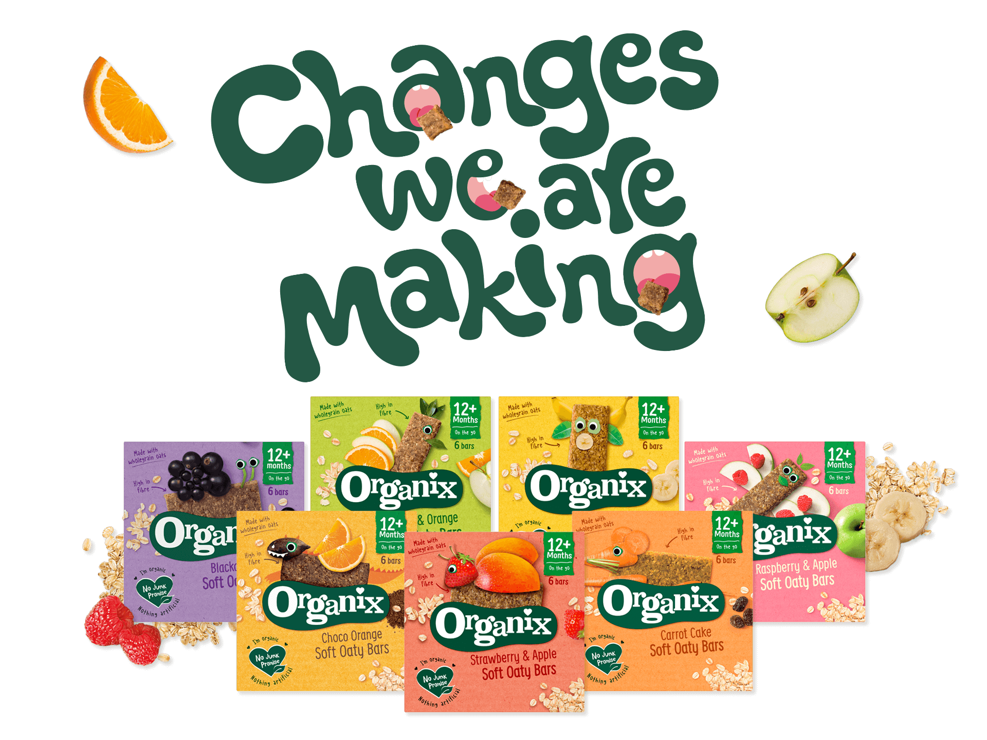 Organix range of soft oaty bars with the words changes we are making and ingredients around the range. Apple, orange, raspberries, bananas and oats.