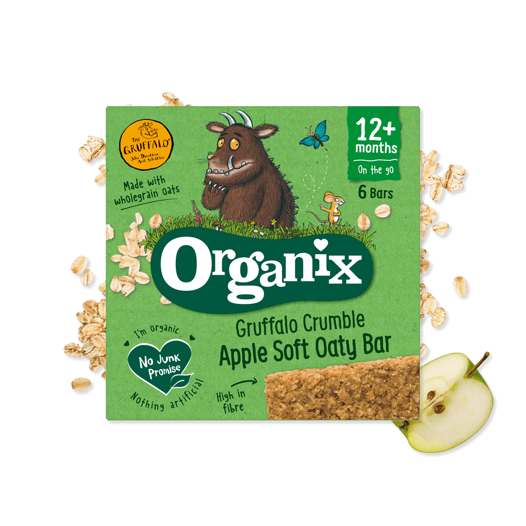 A green box, with a picture of the Gruffalo, the Organix logo and an Oaty Bar, with ingredients scattered around
